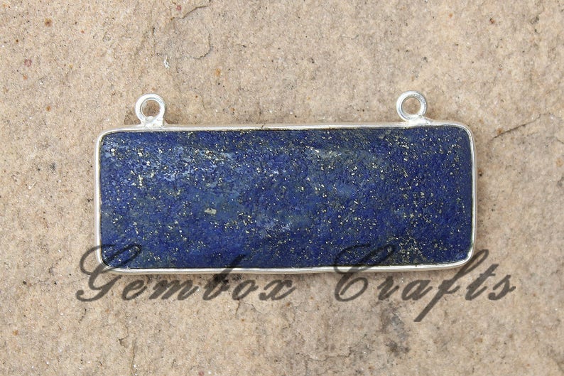 Natural Lapis Lazuli 10x30mm Rectangle Briolette 925 Sterling Silver Plated Bezel Double Bail Pendant