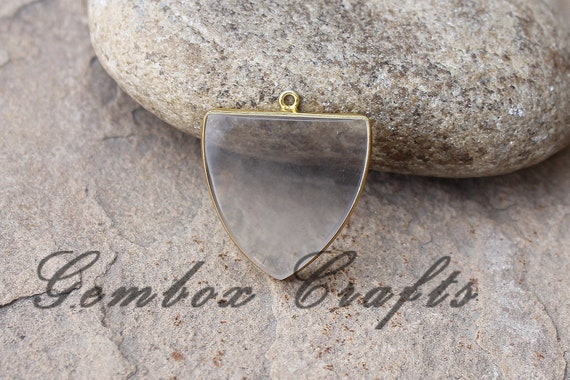 Crystal Quartz 25mm Shield Flat Smooth 925 Sterling Silver Vermeil Bezel Pendant