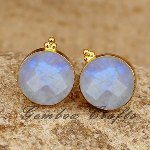 Natural Rainbow Moonstone Round Checker Cut 925 Sterling Silver Tri-dot Ball Gold Plated Smooth Bezel Stud Earring- Flat-Back Post Earrings