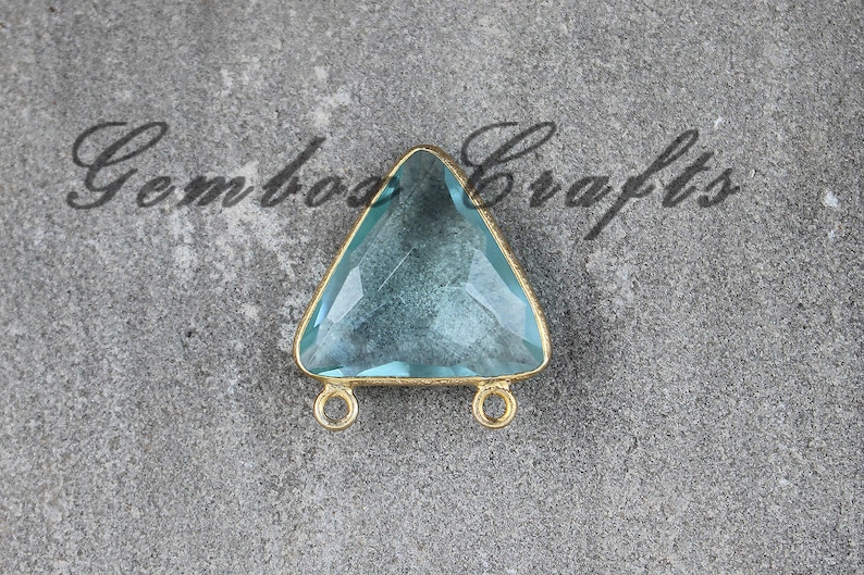 Sky Blue Topaz Quartz 20mm Triangle Briolette 925 Sterling Silver Gold Plated Bezel Double Bail Pendant