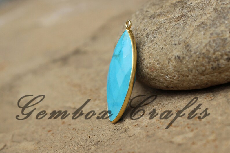 Imitation Turquoise 17x34mm Marquise Briolette 925 Sterling Silver Gold Plated Bezel Pendant