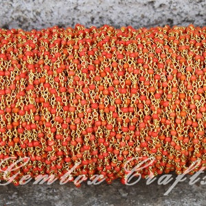 1 Foot Chinese Orange Coral 2mm Round Smooth Beaded Gold Plated Rosary Chain