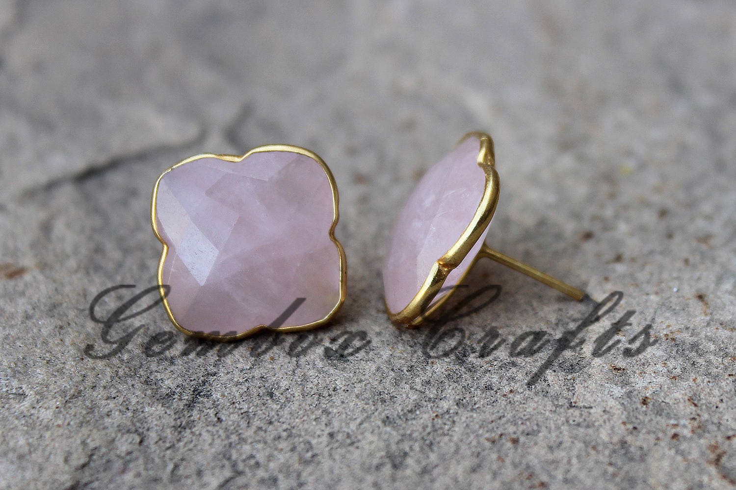 Natural Rose Quartz Clover Briolette 925 Sterling Silver Gold Plated Studs Earring
