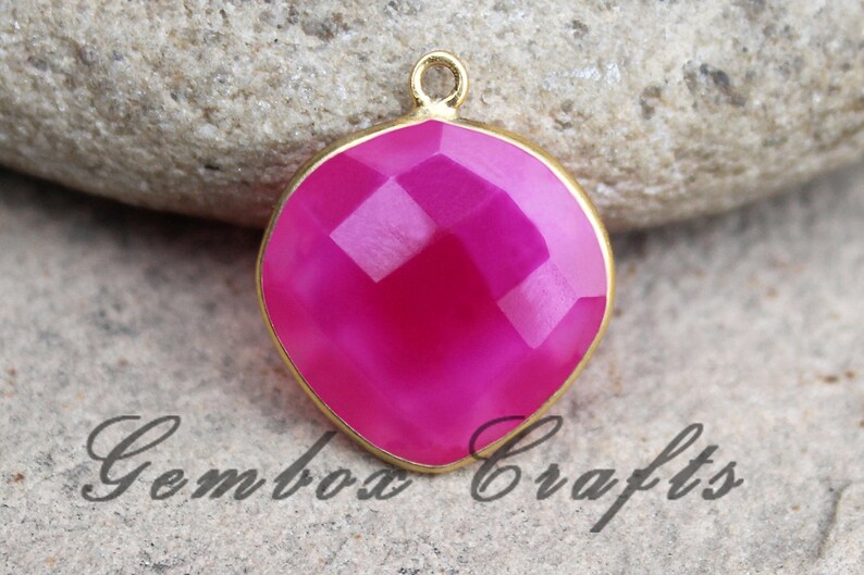 Fuchsia Pink Chalcedony 28mm Heart Briolette 925 Sterling Silver Gold Plated Bezel Pendant Bail On Top