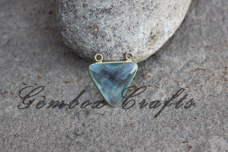 Sky Blue Topaz Quartz 20mm Triangle Briolette 925 Sterling Silver Gold Plated Bezel Double Bail Pendant