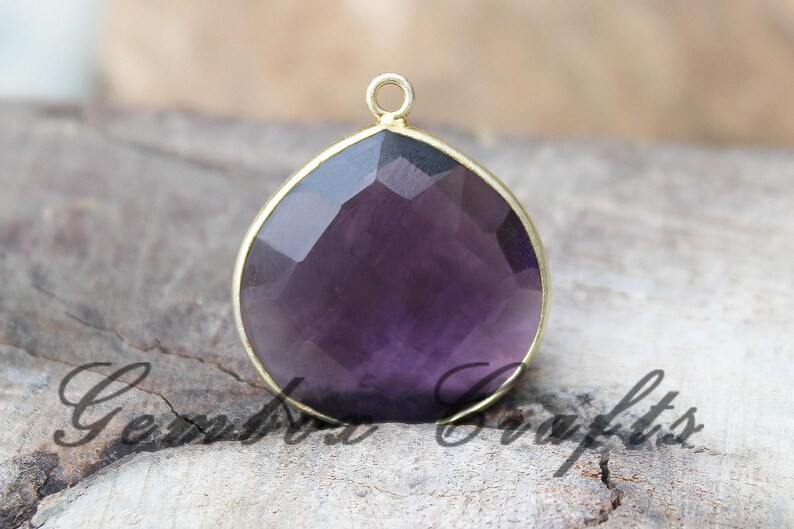 Amethyst Hydro Quartz Pear Briolette 925 Sterling Silver Gold Plated Textured Bezel Pendant