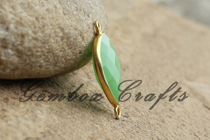 Chrysoprase Quartz 15x25mm Pear Briolette 925 Sterling Silver Gold Plated Bezel Connector