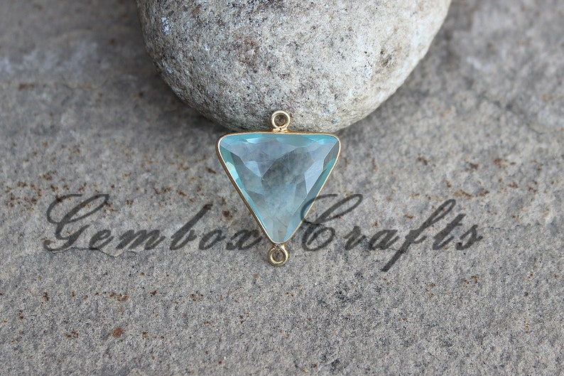 Sky Blue Topaz Quartz 22mm Triangle Briolette 925 Sterling Silver Gold Plated Bezel Connector