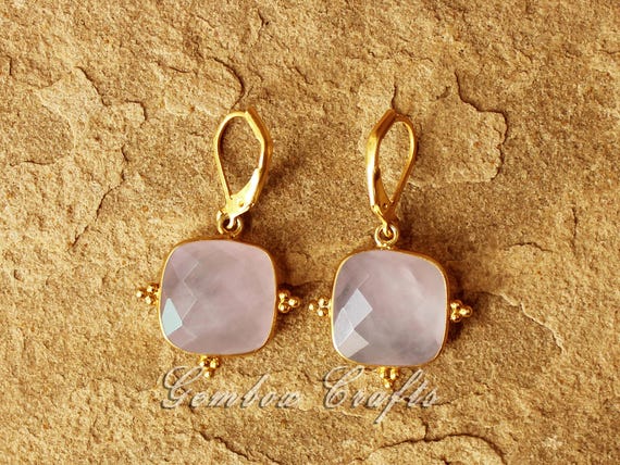 925 Silver Earrings. Natural Rose Quartz Earrings Jewelry. Rose Quartz Square Gemstone Tri-dot Lever Back Earrings.