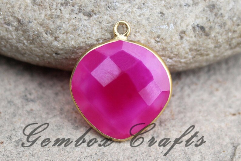 Fuchsia Pink Chalcedony 28mm Heart Briolette 925 Sterling Silver Gold Plated Bezel Pendant Bail On Top