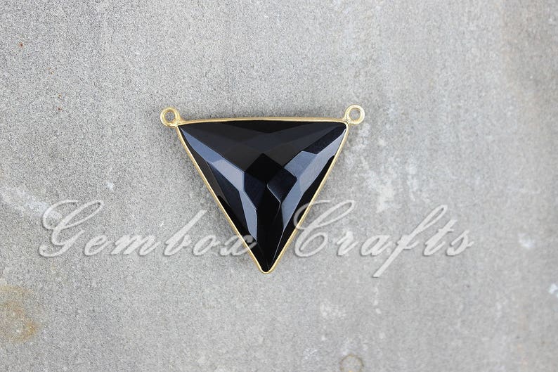 Black Onyx 18mm Triangle Briolette 925 Sterling Silver Gold Plated Bezel Double Bail Pendant