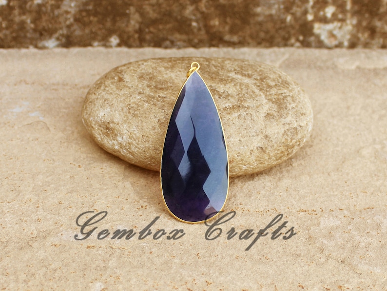 Amethyst Hydro Quartz Pear Briolette 925 Sterling Silver Gold Plated Textured Bezel Pendant