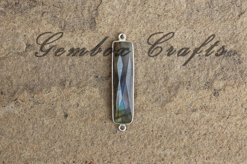 Natural Labradorite 8x40mm Rectangle Briolette 925 Sterling Silver Gold Plated Bezel Connector