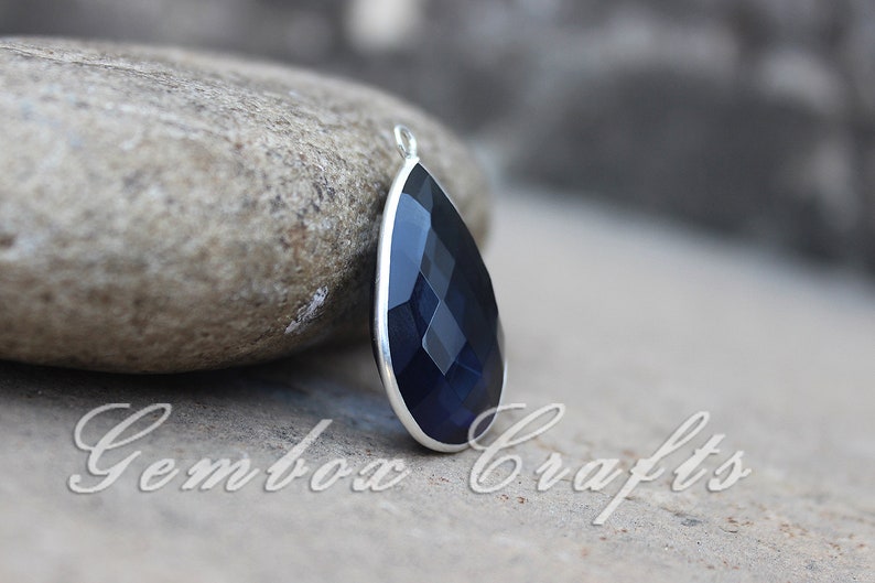 London Blue Topaz Hydro Quartz 15x30mm Pear Briolette 925 Sterling Silver Gold Plated Bezel Pendant