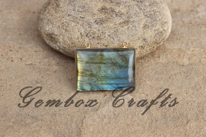 Natural Labradorite 34x24mm Rectangle Cabochon 925 Sterling Silver Plated Bezel Pendant With Loop