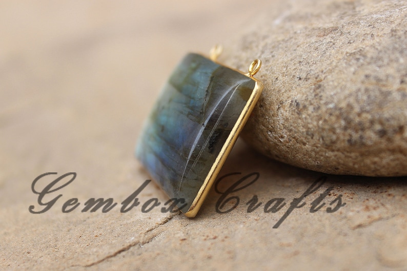 Natural Labradorite 34x24mm Rectangle Cabochon 925 Sterling Silver Plated Bezel Pendant With Loop