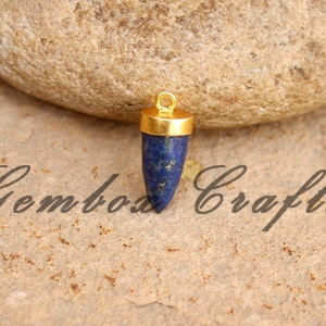 Natural Lapis Lazuli 7x15mm Horn Smooth 925 Sterling Silver Gold Plated Bezel Pendant