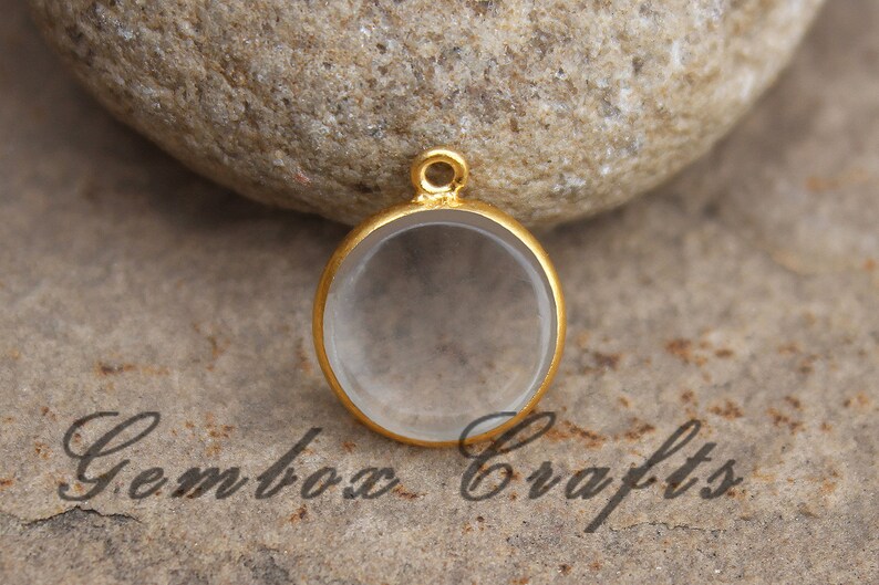 Crystal Hydro Quartz 22mm Round Both Side Flat Smooth 925 Sterling Silver Gold Plated Bezel Pendant