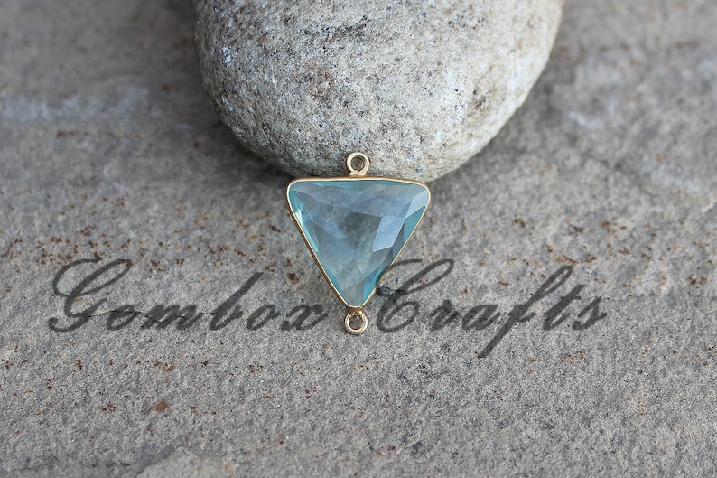 Sky Blue Topaz Quartz 22mm Triangle Briolette 925 Sterling Silver Gold Plated Bezel Connector