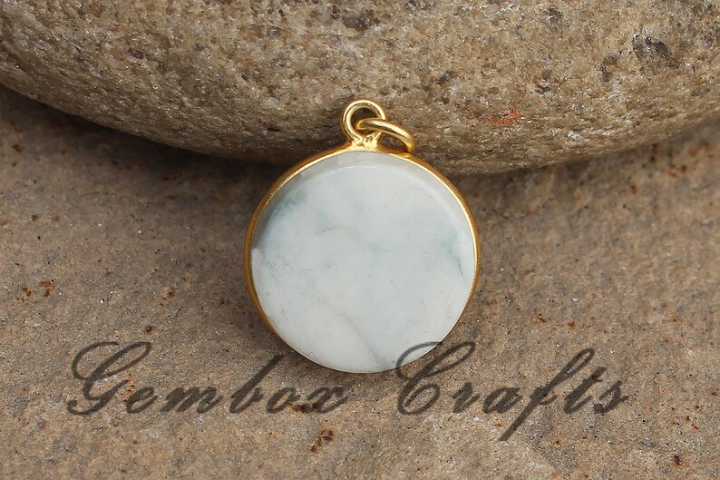 Howlite 25mm Round Both Side Flat Smooth 925 Sterling Silver Gold Plated Bezel Pendant