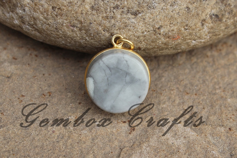 Howlite 25mm Round Both Side Flat Smooth 925 Sterling Silver Gold Plated Bezel Pendant