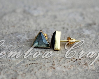 Natural Labradorite Triangle Checker Cut 925 Sterling Silver Gold Plated Smooth Finish Stud Earrings
