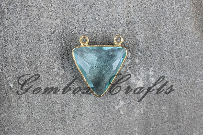 Sky Blue Topaz Quartz 20mm Triangle Briolette 925 Sterling Silver Gold Plated Bezel Double Bail Pendant
