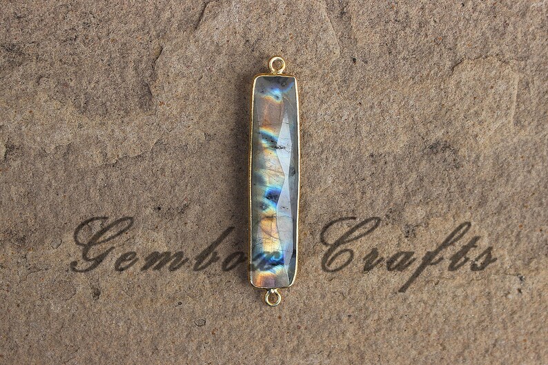 Natural Labradorite 8x40mm Rectangle Briolette 925 Sterling Silver Gold Plated Bezel Connector