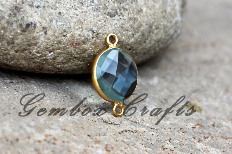 Sky Blue Topaz Hydro Quartz 18mm Round Briolette 925 Sterling Silver Gold Plated Bezel Connector
