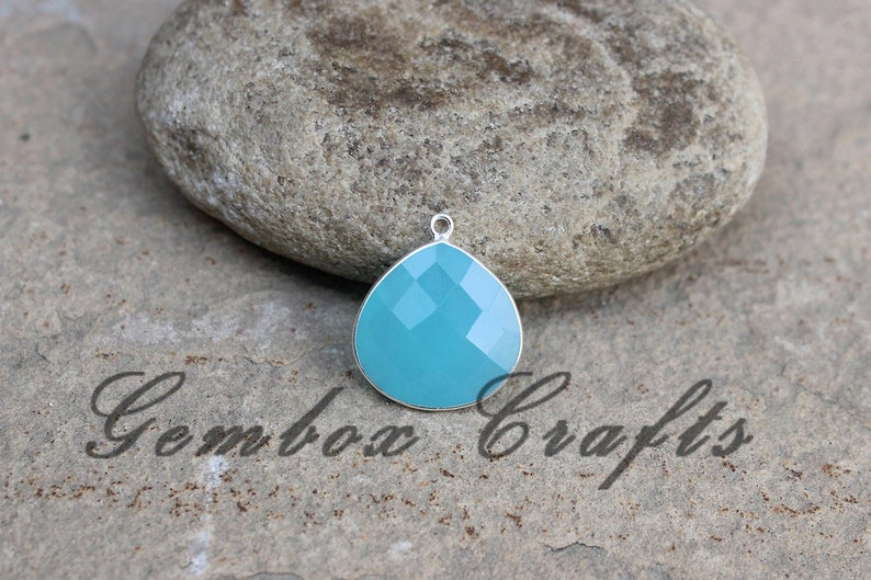 Sky Blue Chalcedony 22mm Heart Briolette 925 Sterling Silver Plated Bezel Pendant