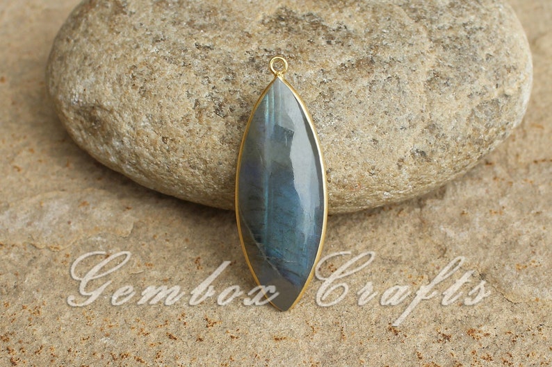 Natural Labradorite 17x34mm Marquise Cabochon 925 Sterling Silver Gold Plated Bezel Pendant