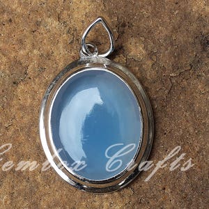 Sky Blue Chalcedony 16x20mm Oval Cabochon 925 Sterling Silver Rhodium Plated Bezel Pendant