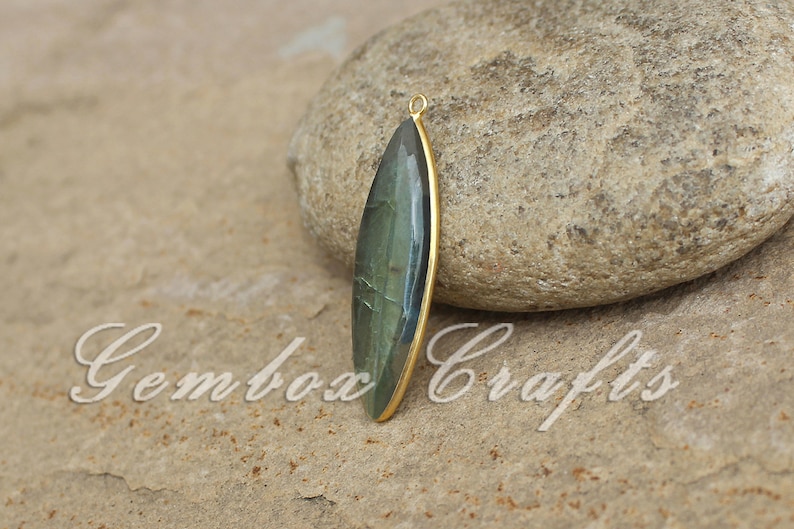 Natural Labradorite 17x34mm Marquise Cabochon 925 Sterling Silver Gold Plated Bezel Pendant