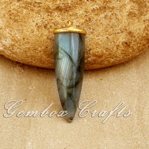 Natural Labradorite Horn Smooth 925 Sterling Silver Gold Plated Bezel Pendant