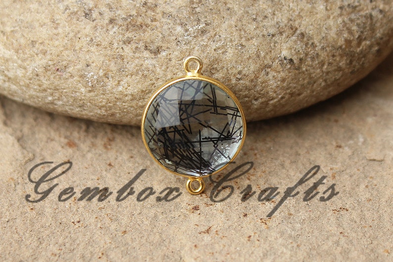 Black Rutilated Quartz 18mm Round Briolette 925 Sterling Silver Gold Plated Bezel Connector