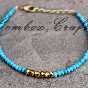 Turquoise & Golden Pyrite 3-4mm Roundel Faceted Beaded Gold Plated Bracelet