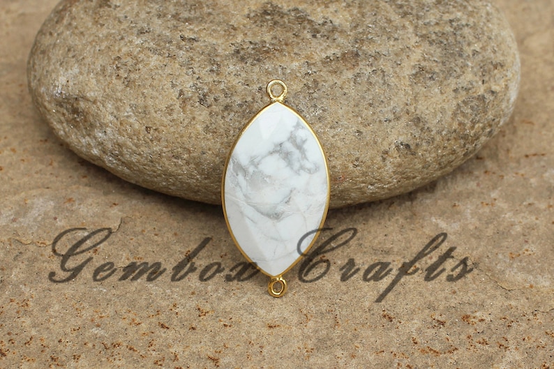 Howlite 19x38mm Marquise Briolette 925 Sterling Silver Gold Plated Bezel Connector