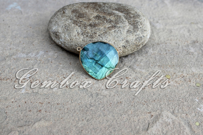 Natural Labradorite 20mm Heart Briolette 925 Sterling Silver Gold Plated Bezel Double Bails Pendant