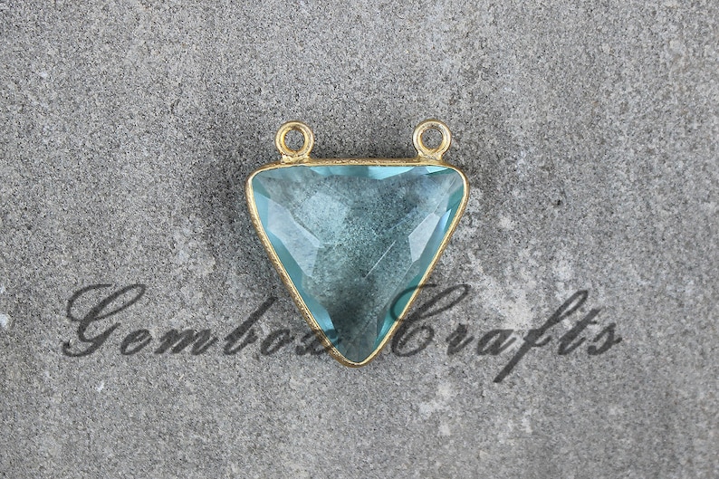 Sky Blue Topaz Quartz 20mm Triangle Briolette 925 Sterling Silver Gold Plated Bezel Double Bail Pendant