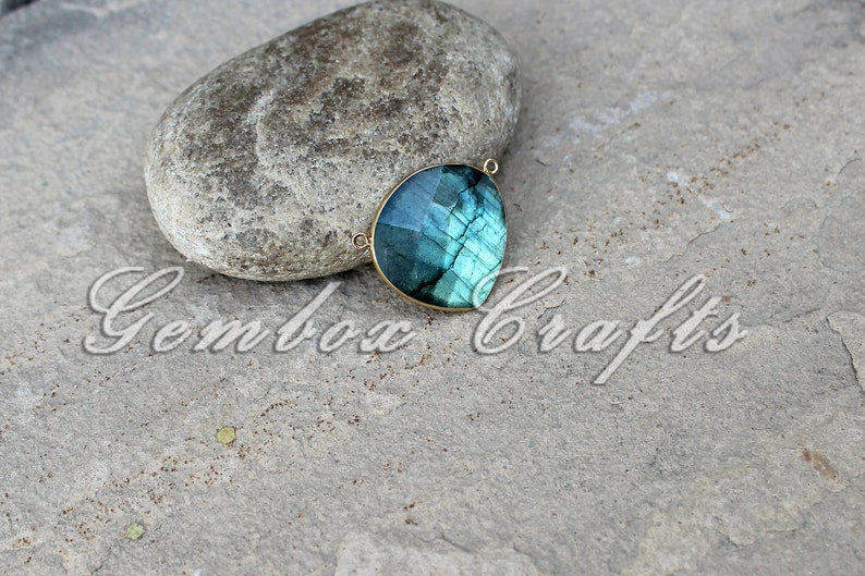 Natural Labradorite 20mm Heart Briolette 925 Sterling Silver Gold Plated Bezel Double Bails Pendant