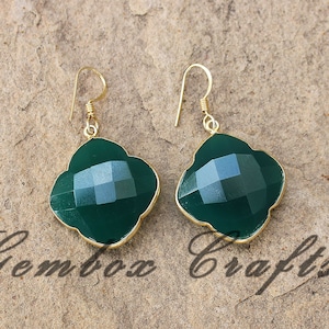 Green Onyx Clover Briolette 925 Sterling Silver Gold Plated Earhook Earrings