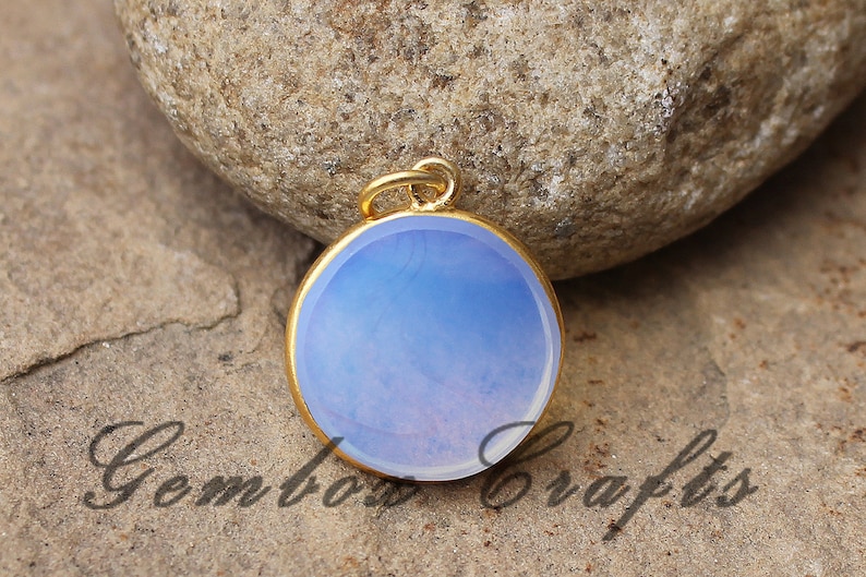 Opalite Quartz 20mm Round Both Side Flat Smooth 925 Sterling Silver Gold Plated Bezel Pendant
