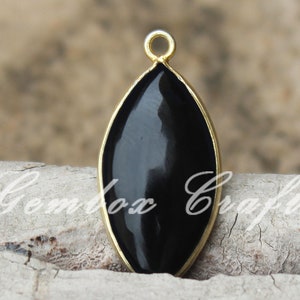 Black Onyx Marquise Cabochon 925 Sterling Silver Gold Plated Bezel Pendant