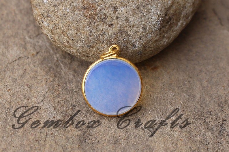 Opalite Quartz 20mm Round Both Side Flat Smooth 925 Sterling Silver Gold Plated Bezel Pendant