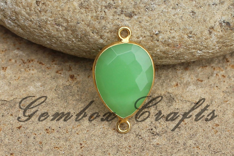 Chrysoprase Quartz 15x25mm Pear Briolette 925 Sterling Silver Gold Plated Bezel Connector