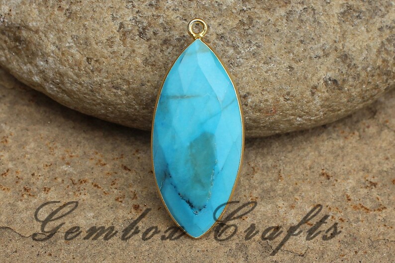 Imitation Turquoise 17x34mm Marquise Briolette 925 Sterling Silver Gold Plated Bezel Pendant
