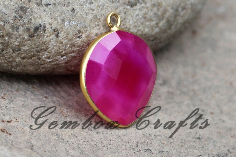 Fuchsia Pink Chalcedony 28mm Heart Briolette 925 Sterling Silver Gold Plated Bezel Pendant Bail On Top
