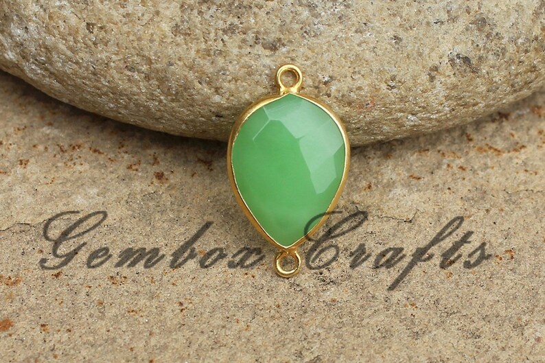 Chrysoprase Quartz 15x25mm Pear Briolette 925 Sterling Silver Gold Plated Bezel Connector