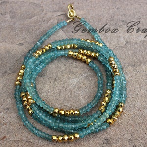 Blue Apatite Beads Necklace, Beautiful Apatite & Golden Pyrite Roundel Beaded Necklace, 3-4MM Gold Pyrite Chained Necklace With Neon Apatite