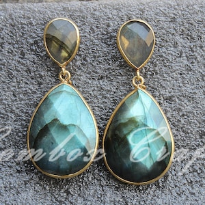 Blue Labradorite Earring. Pear Briolette 925 Silver Earrings. Natural Labradorite Post Earring. 925 Dangle Earring Boho Gemstone Unique Gift